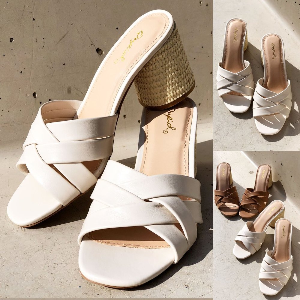 NEW Multi Crisscross Straps Natural Raffia Oval Block Heel Slip On Slide Sandals - Picture 3 of 12